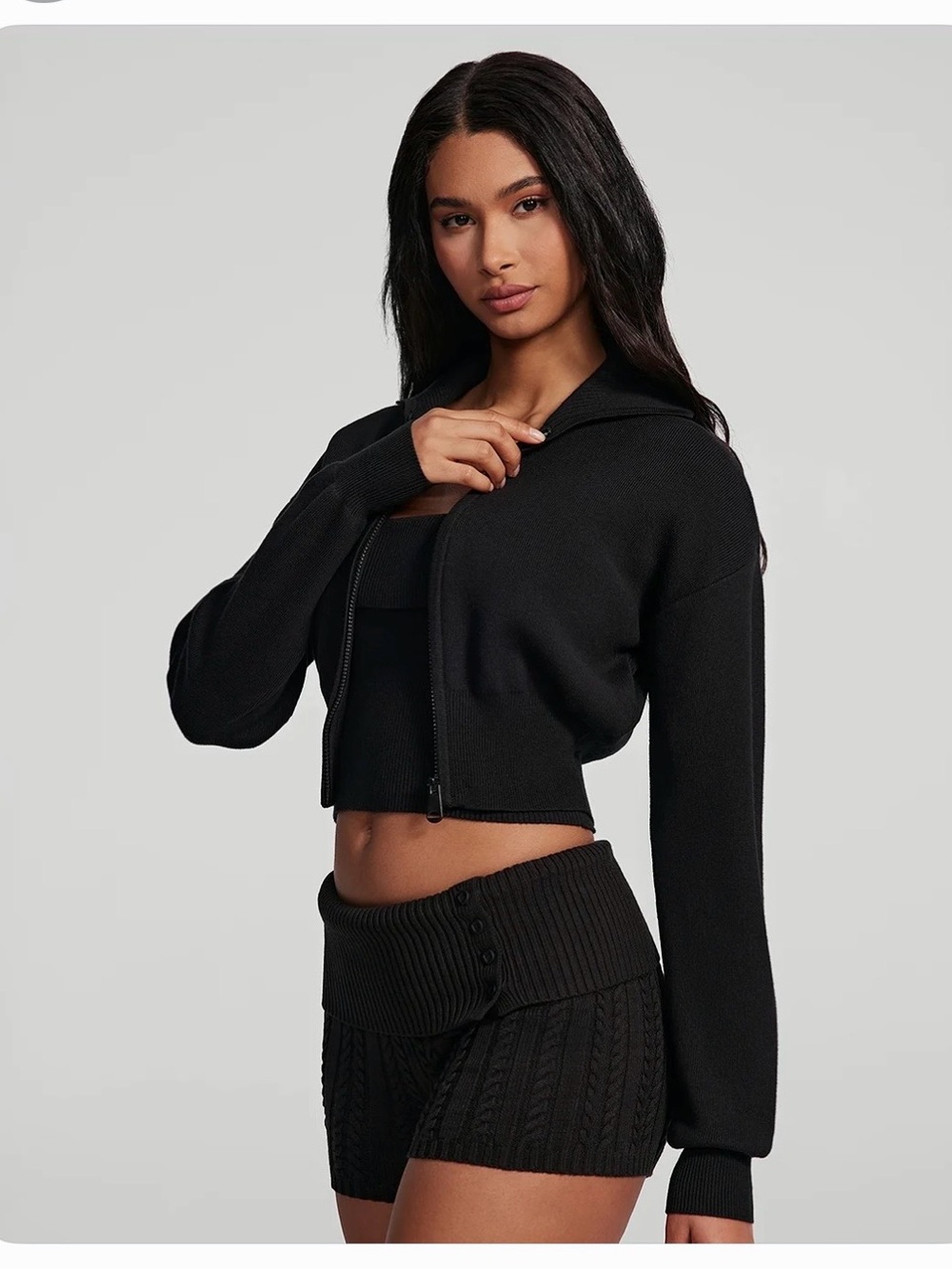 Knit Cropped Zip-Up Jacket- Black